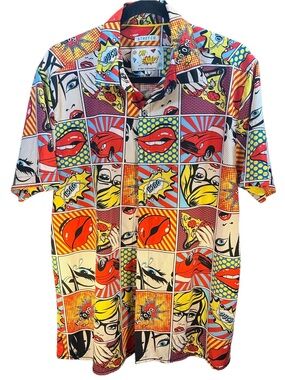 Oh Snap Drill Clothing Mens Size L Colorful Comic Cartoon Preworn Button Front
